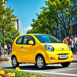 A vibrant, colorful scene featuring a Daewoo Matiz, a small compact car, parked in a lively urban environment