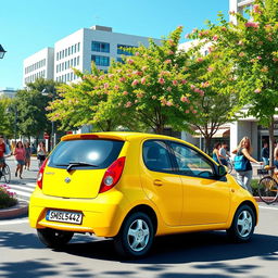 A vibrant, colorful scene featuring a Daewoo Matiz, a small compact car, parked in a lively urban environment