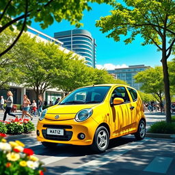 A vibrant, colorful scene featuring a Daewoo Matiz, a small compact car, parked in a lively urban environment