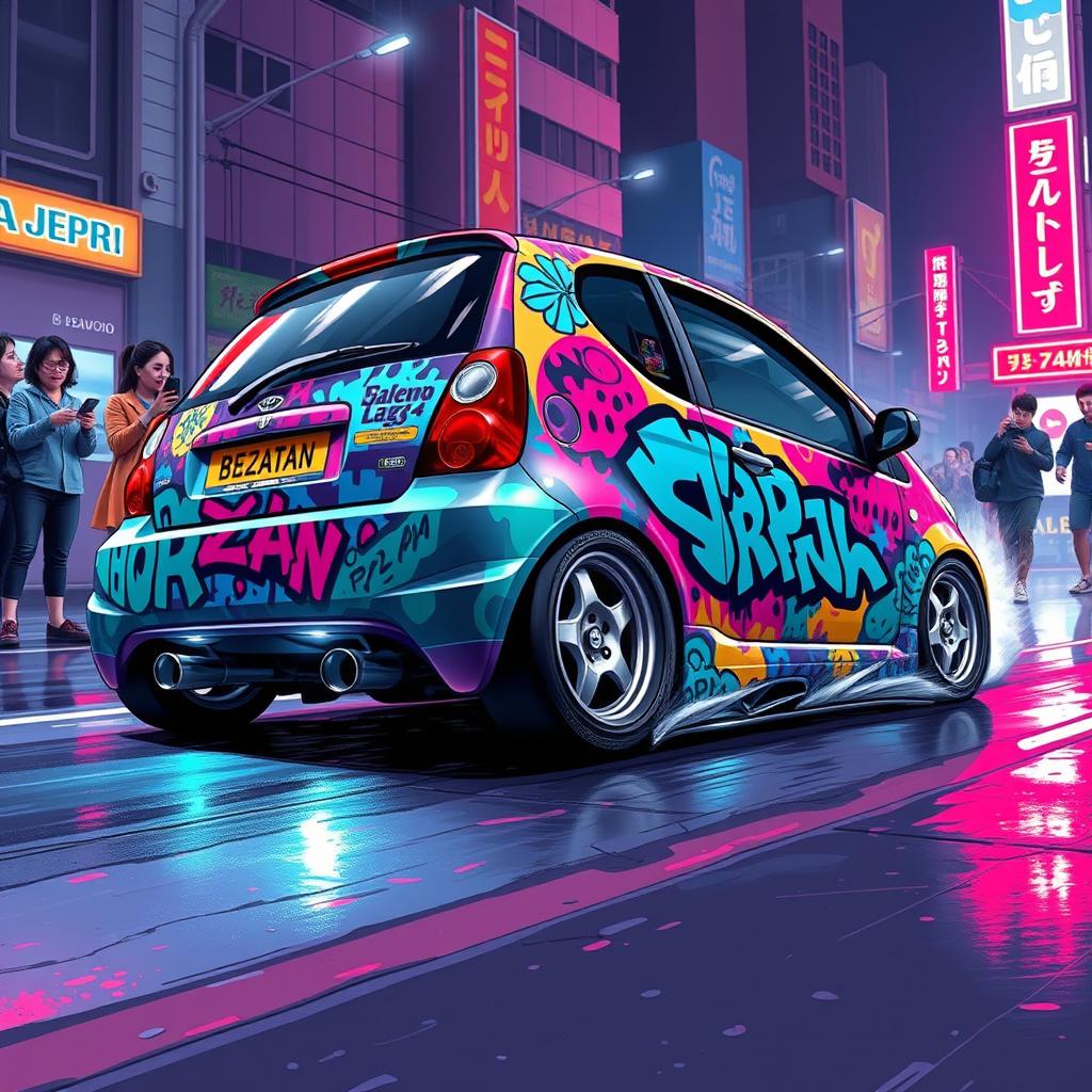 A detailed illustration of a modified Daewoo Matiz car in a street racing scene