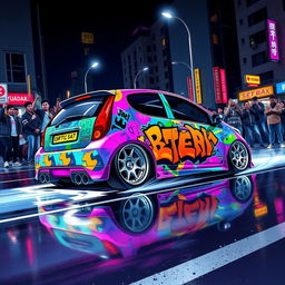 A detailed illustration of a modified Daewoo Matiz car in a street racing scene