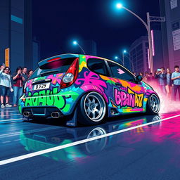 A detailed illustration of a modified Daewoo Matiz car in a street racing scene