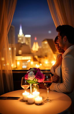 A romantic scene set in a candlelit restaurant, with an elegantly dressed couple sharing a table with soft, intimate lighting