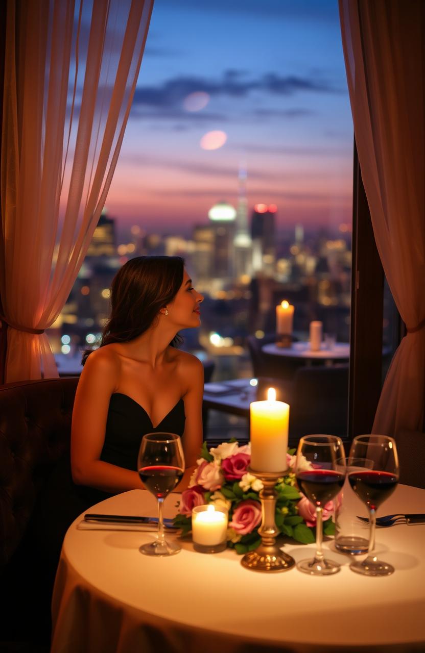 A romantic scene set in a candlelit restaurant, with an elegantly dressed couple sharing a table with soft, intimate lighting