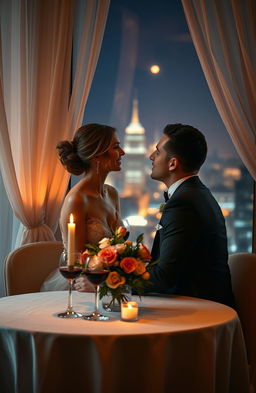 A romantic scene set in a candlelit restaurant, with an elegantly dressed couple sharing a table with soft, intimate lighting