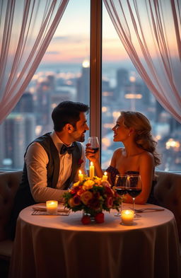 A romantic scene set in a candlelit restaurant, with an elegantly dressed couple sharing a table with soft, intimate lighting