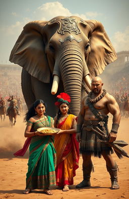 In an open arena filled with excitement and tension, a scene unfolds featuring cavalry horsemen galloping around, tribal warriors brandishing spears, and an impressive chariot in action