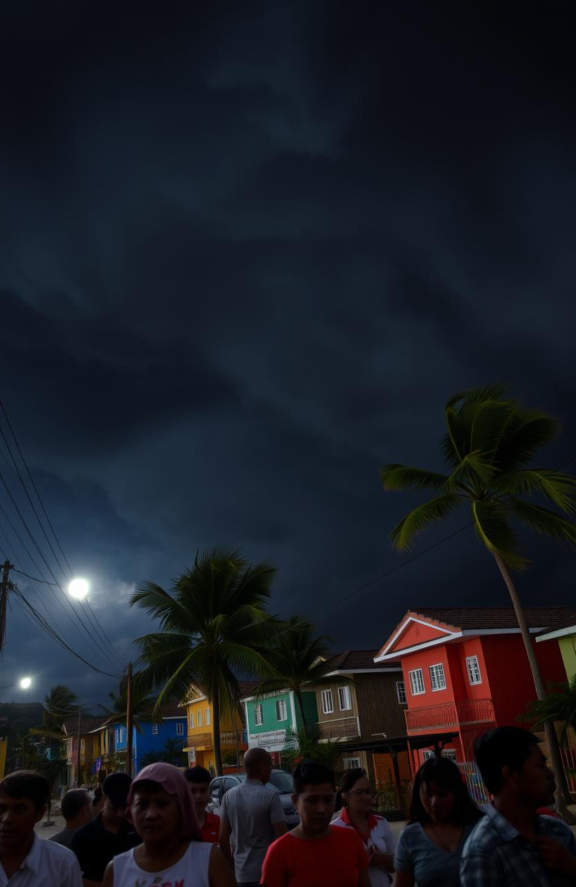 A dramatic scene of the city of Recife during a tense night, under dark, looming storm clouds