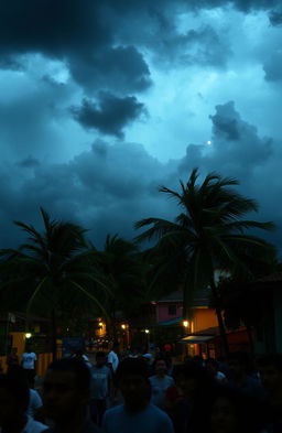 A dramatic scene of the city of Recife during a tense night, under dark, looming storm clouds