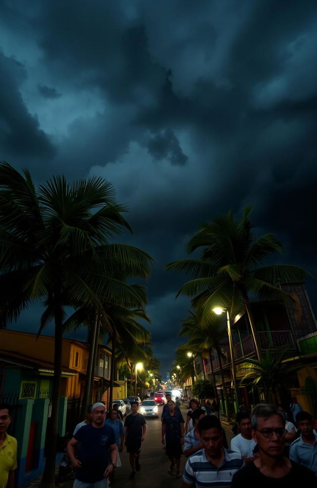 A dramatic scene of the city of Recife during a tense night, under dark, looming storm clouds