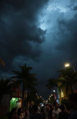 A dramatic scene of the city of Recife during a tense night, under dark, looming storm clouds