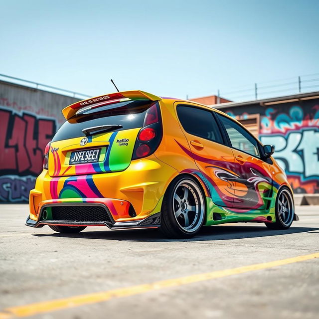 A customized Daewoo Matiz car with a unique and eye-catching 'hatch tuning' style