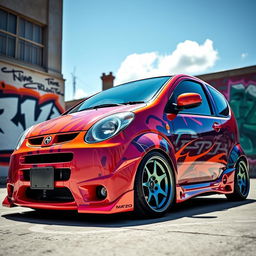 A customized Daewoo Matiz car with a unique and eye-catching 'hatch tuning' style