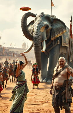 An open arena filled with cavalry, horsemen, a chariot, and tribal warriors armed with spears