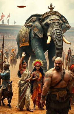 An open arena filled with cavalry, horsemen, a chariot, and tribal warriors armed with spears