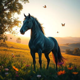 A fantasy scene set in a lush green meadow during golden hour, beautifully illuminated with soft sunlight filtering through trees