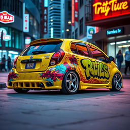 A Deawoo Matiz car with a creative custom 'hatch tuning' design