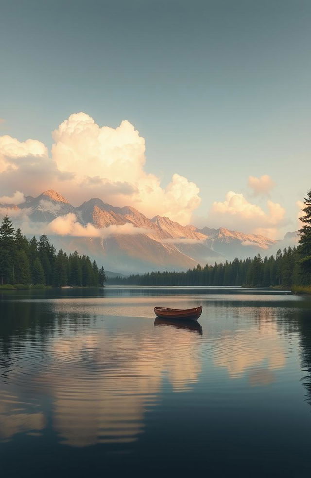 A serene landscape depicting a tranquil lake surrounded by lush pine trees and majestic mountains in the background