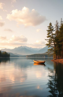 A serene landscape depicting a tranquil lake surrounded by lush pine trees and majestic mountains in the background