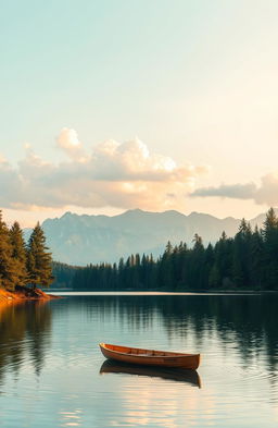 A serene landscape depicting a tranquil lake surrounded by lush pine trees and majestic mountains in the background