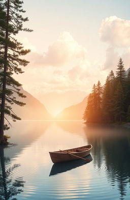 A serene landscape depicting a tranquil lake surrounded by lush pine trees and majestic mountains in the background