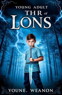 A gripping book cover design for a Young Adult fantasy novel featuring a young boy holding a sword, his eyes glowing with lightning powers