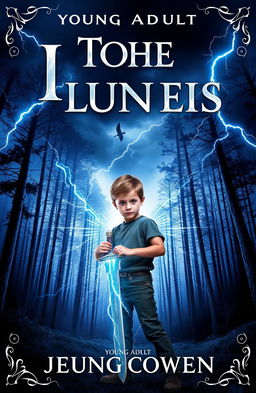 A gripping book cover design for a Young Adult fantasy novel featuring a young boy holding a sword, his eyes glowing with lightning powers