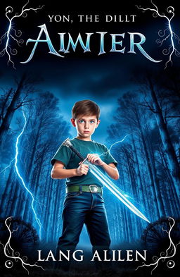 A gripping book cover design for a Young Adult fantasy novel featuring a young boy holding a sword, his eyes glowing with lightning powers