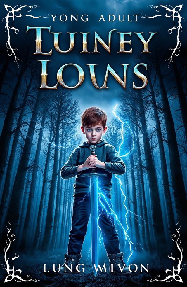 A gripping book cover design for a Young Adult fantasy novel featuring a young boy holding a sword, his eyes glowing with lightning powers