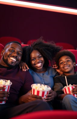 A joyful black family sitting together in a cozy movie theater, watching a film