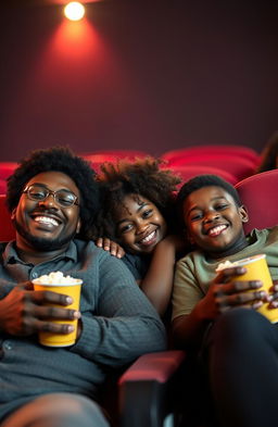 A joyful black family sitting together in a cozy movie theater, watching a film