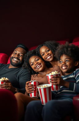 A joyful black family sitting together in a cozy movie theater, watching a film