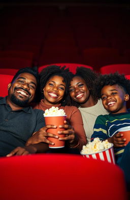 A joyful black family sitting together in a cozy movie theater, watching a film