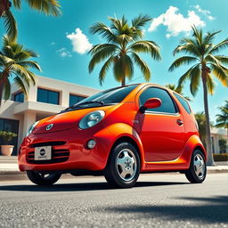 A detailed and realistic depiction of a Daewoo Matiz vehicle, capturing its compact design and distinctive features such as rounded shapes, large headlights, and a vibrant color scheme