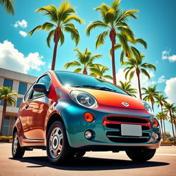 A detailed and realistic depiction of a Daewoo Matiz vehicle, capturing its compact design and distinctive features such as rounded shapes, large headlights, and a vibrant color scheme