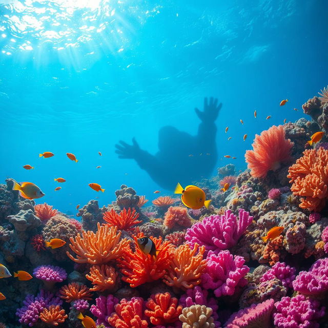 A vibrant underwater scene featuring a lively coral reef teeming with colorful marine life, including tropical fish of various shapes and sizes