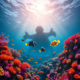 A vibrant underwater scene featuring a lively coral reef teeming with colorful marine life, including tropical fish of various shapes and sizes