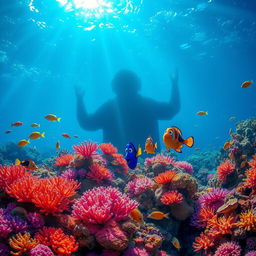 A vibrant underwater scene featuring a lively coral reef teeming with colorful marine life, including tropical fish of various shapes and sizes