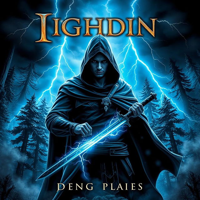 A captivating book cover design for a Young Adult fantasy novel featuring a hooded male figure brandishing a sword, his presence crackling with lightning powers