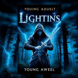 A captivating book cover design for a Young Adult fantasy novel featuring a hooded male figure brandishing a sword, his presence crackling with lightning powers