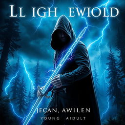 A captivating book cover design for a Young Adult fantasy novel featuring a hooded male figure brandishing a sword, his presence crackling with lightning powers