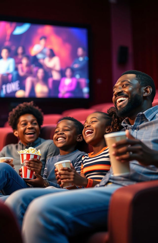 A joyful Black African family enjoying a movie together in a theater