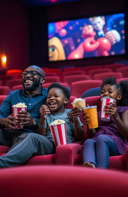 A joyful Black African family enjoying a movie together in a theater