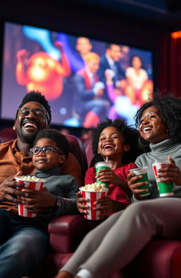 A joyful Black African family enjoying a movie together in a theater