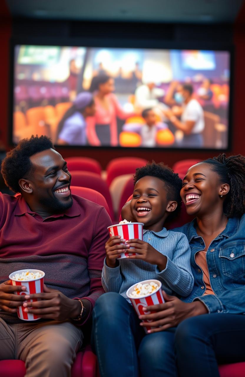 A joyful Black African family enjoying a movie together in a theater