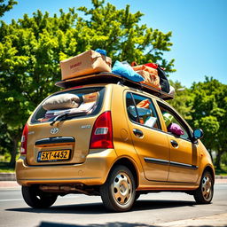 A loaded Daewoo Matiz car parked on a sunny street, showcasing its compact body filled with various colorful cargo like boxes and bags