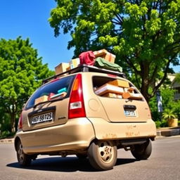 A loaded Daewoo Matiz car parked on a sunny street, showcasing its compact body filled with various colorful cargo like boxes and bags