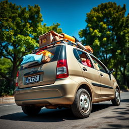 A loaded Daewoo Matiz car parked on a sunny street, showcasing its compact body filled with various colorful cargo like boxes and bags