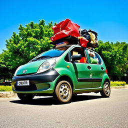 A loaded Daewoo Matiz car parked on a sunny street, showcasing its compact body filled with various colorful cargo like boxes and bags
