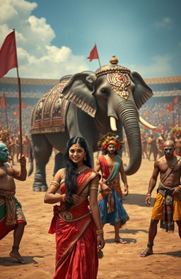 An open arena filled with vibrant tribal warriors wielding spears and cavalry preparing for battle